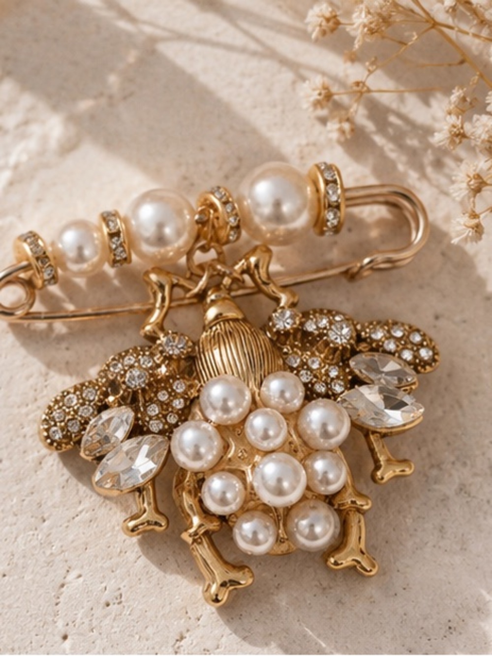 Vintage Pearl Bee Sweater Pin Brooch | Crystal Gold Statement